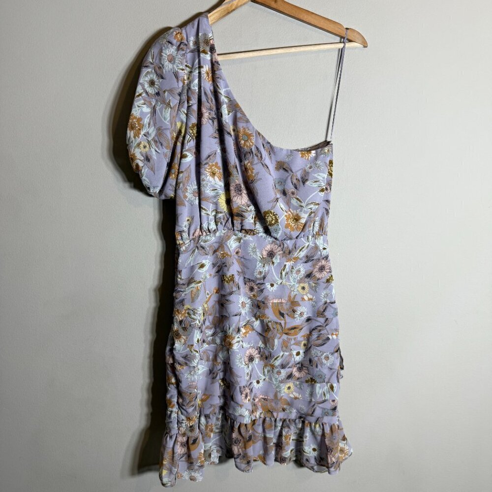 ASTR The Label Periwinkle Floral One Shoulder Tulip Mini Dress Women's Medium - Picture 11 of 14